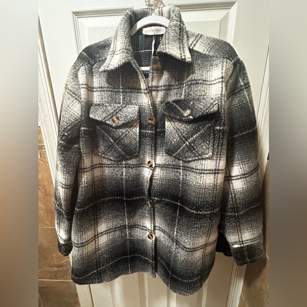 NWT Black and White Utility Shacket/Jacket with Plaid Pattern